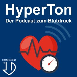 Podcast APP Logo Podcast-Cover von Hyperton, dem Podcast zum Blutdruck, mit einem Herz und einer Uhr auf einem blauen Hintergrund.
