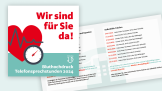 Terminkarte Eine Broschüre mit dem Titel 'Wir sind für Sie da: Blutdruck-Telefonsprechstunden 2024' mit Selbsthilfe-Telefonen. Die Broschüren sind grün weiß mit einem roten Herz, einer Uhr und einem Herzschlag.
