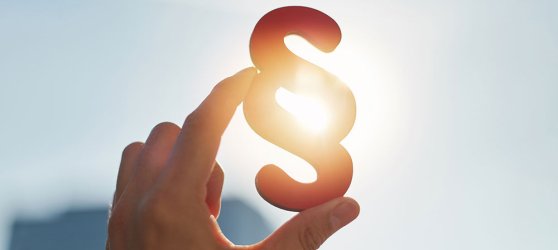FAQ-Konformität Eine Hand, die das Zeichen eines Paragraphen in den Himmel streckt, sodass die Sonne dazwischen scheint.