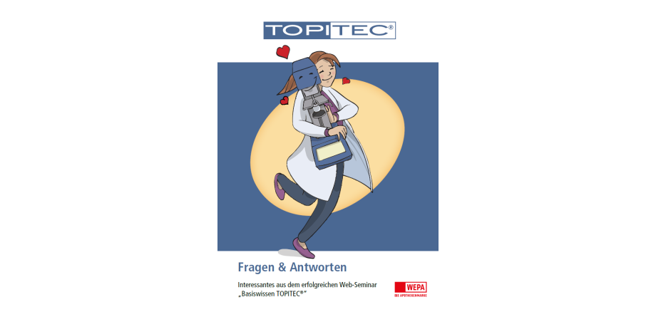 Eine Comic-Zeichnung einer Apothekerin, die den Topitec in der Hand hält und ihn umarmt. Um sie herum sind Herzen.