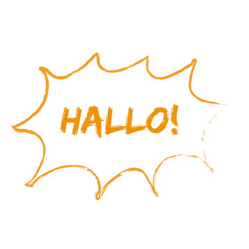 Orangene Schrift in Sprechblase: "Hallo!"