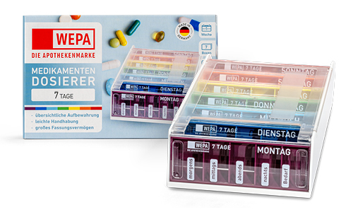 WEPA Medikamentensortierer Wochenmagazin Regenbogen Das WEPA Die Apothekenmarke Medikamentendosierer Wochenmagazin in Regenbogenfarben macht es möglich, die Medikamente bereits für die gesamte Woche vorzubereiten. Es bietet den Medikamenten UV-Schutz und die einzelnen Boxen sind mit Wochentagen und Uhrzeiten beschriftet. Nach Gebrauch kann die leere Tagesbox wieder hinten in das Magazin geschoben werden und am darauffolgenden Tag die vorderste Box entnommen werden.