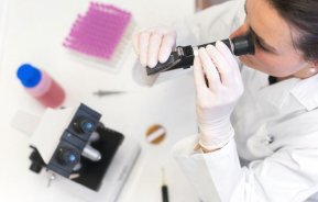 WEPA School Die Apothekerin guckt durch ein Fernglas, vor ihr steht ein Stereomikroskop mit Proben.